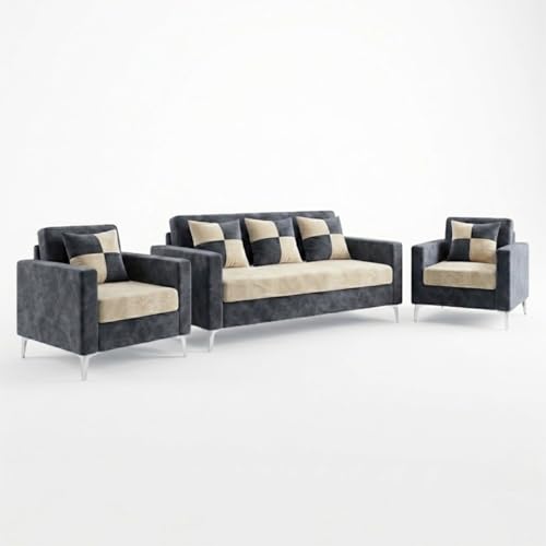 Image of FURNY Lushwood 3 Seater + 1 Seater + 1 Seater Sofa Set (Dark Grey-Cream) | Premium Suede Velvet Fabric Finish | Silver Metal Legs | Durable Comfort Sofa for Modern Living Room & Office Spaces
