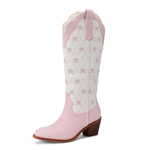 Image of Lace Up Cowboy Boots for Women Embroidered Wide Calf Cowgirl Boots Comfortable Chunky Heel Pointed Toe Trendy Western Shoes for Prom Music Festival