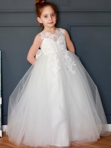 Lace Applique Flower Girl Dress for Wedding Kids Puffy Tulle Long Pageant Dress Bowknot Princess Prom Ball Gowns3