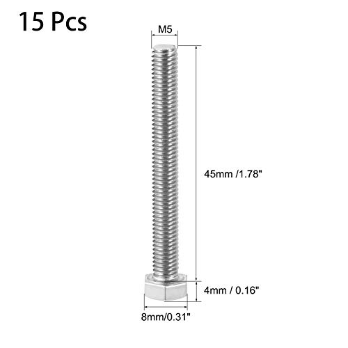Image of 15 Pcs M5 Hex Bolt M5-0.8 x 45mm UNC Hex Head Screw Bolts A2-70(304) Stainless Steel Fully Threaded Hex Tap Bolts,Plain Finish,Fully Threaded (M5 x 45mm)