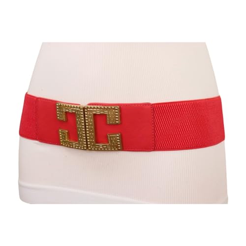 Women Fashion Coral Pink Faux Leather Elastic Waistband Belt Waist Hip Gold C Buckle S M z0824