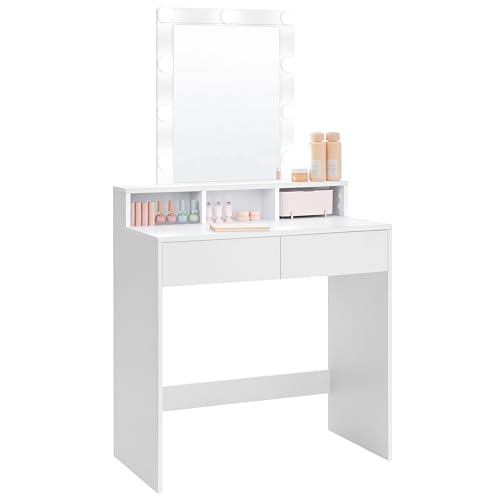 VASAGLE Dressing Table, LED Lights with Adjustable Brightness, Vanity Table with Mirror, 2 Drawers and 3 Compartments, Makeup Table, Modern, White RDT194T14