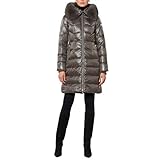 1 Madison Women's Long Winter Coat with Fox Fur Trimmed Hood, Taupe, Medium