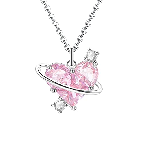 Tengtengfit S925 Sterling Silver Necklace For Women Created Pink And White Heart Pendant Necklace For Girlfriend On Christmas, Valentine's/Mother's Day, Anniversary, Birthday #TOP24