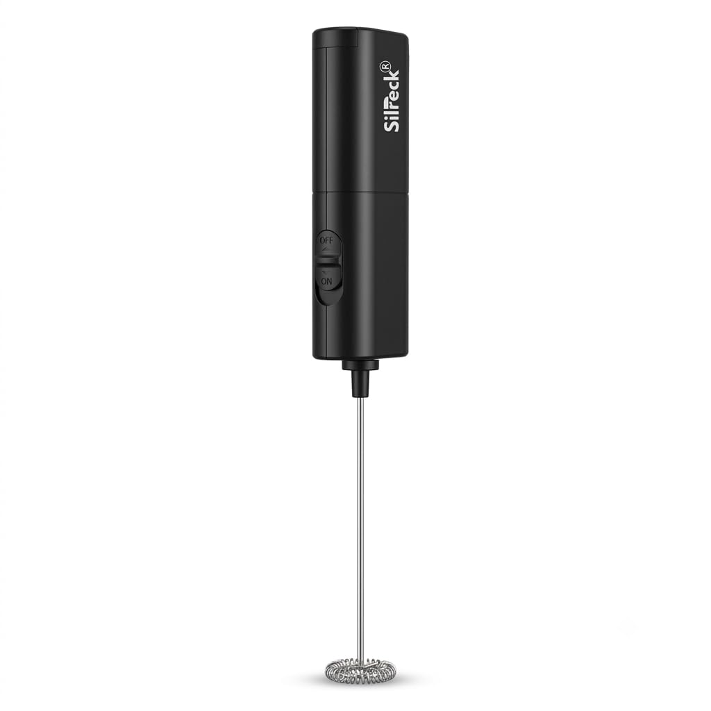 Silreckยฎ Handheld Milk Frother โ Electric Foam Maker with Stainless Steel Whisk, Battery Operated Coffee Mixer Wand for Lattes, Cappuccino, Matcha, Hot Chocolate & More(Black)