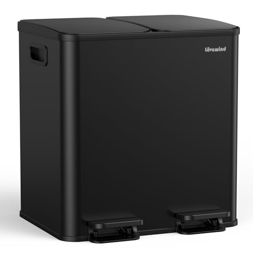lovewind Mülleimer, 2 x 15L Mülleimer Küche, Doppeleimer für Recycling und Abfall, Schwarz, Mülleimer aus Edelstahl mit Deckel und Inneneimern, Großes Fassungsvermögen, Deckel mit Soft-Close-Funktion