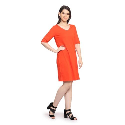 Image of Frenchtrendz Women's Cotton and Back Lace Designer V-Neck A-Line Knee Length Dress