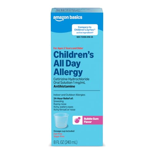Amazon Basics Children's All Day Allergy Relief Medicine, Cetirizine Hydrochloride Oral Solution 1 mg/mL, Bubblegum Flavor, Dye Free, Sugar Free, 8 fl oz (Pack of 1) (Previously Care) - image 1