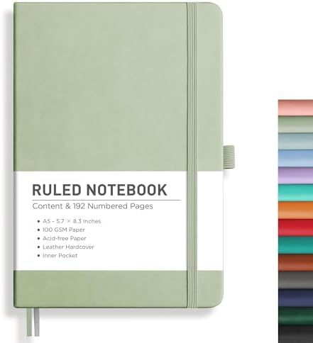 RETTACY Ruled Journal Notebook - A5 College Ruled Writing Journal with 192 Numbered Pages, Hardcover, 100 GSM Thick Paper 5.75'' × 8.38'' - Light Green