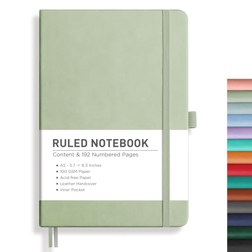 RETTACY Ruled Journal Notebook - A5 College Ruled Writing Journal with 192 Numbered Pages, Hardcover, 100 GSM Thick Paper 5.75'' × 8.38'' - Light Green