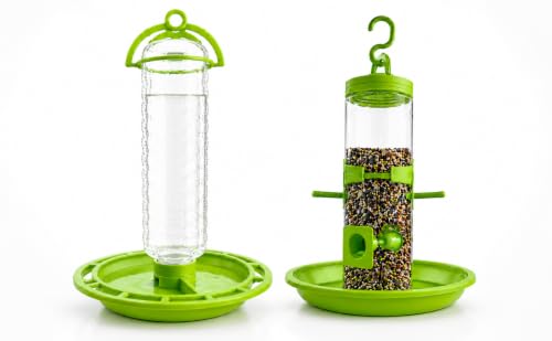 Image of PuraMart Hanging Bird Feeder for Garden, Balcony (1 Litre) | Bird Food Dispenser | 4 Feeding Ports | 360 Perch | Weatherproof Bird Feeding Station | Indoor & Outdoor Use (Combo(1-Water & 1-Feeder))
