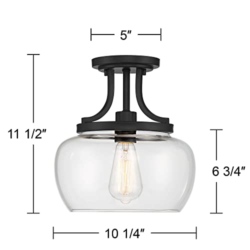 Regency Hill Kristov Industrial Rustic Farmhouse Ceiling Light Semi Flush-Mount Fixture 10 1/4" Wide Black Curved Clear Glass Shade For Bedroom Kitchen Living Room Hallway Dining Bathroom #TOP3