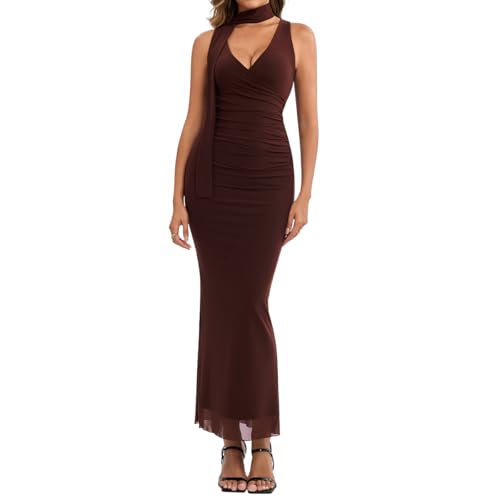 Women's Bodycon Maxi Dress V Neck Sleeveless Ruched Formal Wedding Guest Party Long Dresses with Scarf