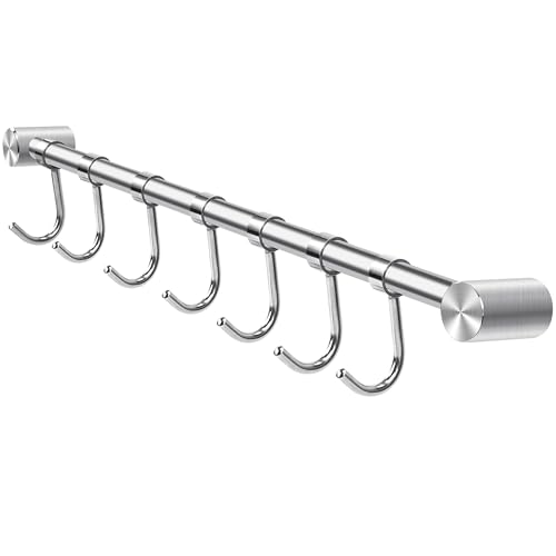 Jesustree Barre de Suspension de Cuisine en Acier Inoxydable, 40 cm Barre Murale Cuisine Support Ustensile à suspendre Rack avec 7 Crochets Amovibles pour...