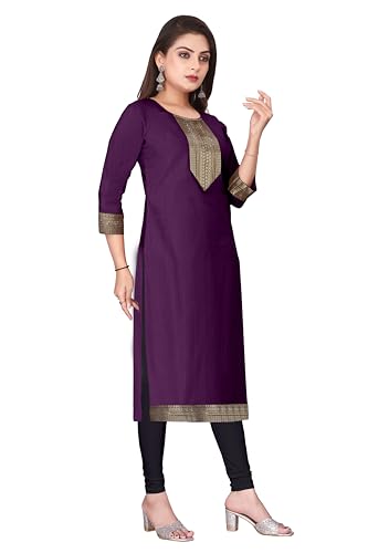 Image of Elegant red Straight Kurti with Golden Embroidered Yoke, Three Quarter Sleeves and Classic Border Detailing for Festive, Office and Everyday wear