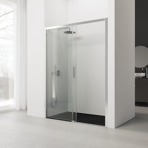 Miniatura 5 de Mampara De Ducha Frontal Corredera Serie 300f - Medidas 146-150x195 Cm - Vidrio Templado, Antical, Transparente - 1 Hoja Corredera Y 1 Fijo De 6 Mm - Perfil Plata Alto Brillo - Reversible -Realshower