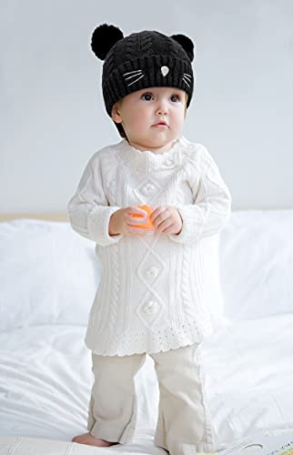 Bienvenu Baby Toddler Boy Girl Winter Beanie Hat, Infant Cute Cat Embroidered Double Pom Pom Knit Hat, Newborn Warm Beanie Hat Cap With Fleece Lining, Black #TOP2