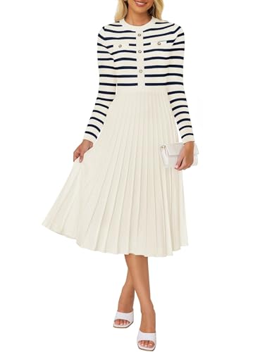 ZESICA Damen Midi-Kleid, langärmelig, gestreift, Rundhalsausschnitt, Knöpfe, gerippt, plissiert, A-Linie, Swing-Pulloverkleid, Aprikose, Mittel