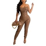 REASERAL Womens PU Leather Jumpsuit Sexy Off the Shoulder Top Tight Zipper Bodycon Pants Bodysuit