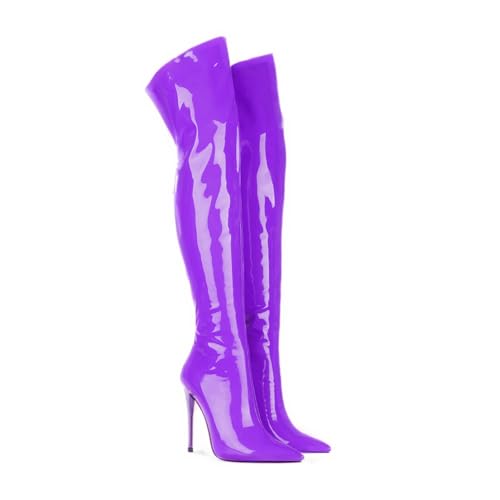 Image of Thigh high boots for women striped Back zipper Burgundy Zebra Print Over the knee Sexy gold white pointed toe Cow Print leopard Magenta stiletto heel