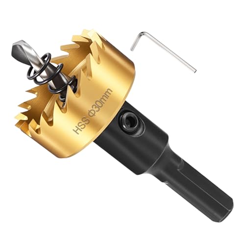 METALLIXITY Hole Saw 30mm (1-3/16"), 4241 High Speed Steel Hole Cutter with Center Drill Bit, Hex Key and Spring -for Thin Metal, Plastic, PVC Boards. Gold