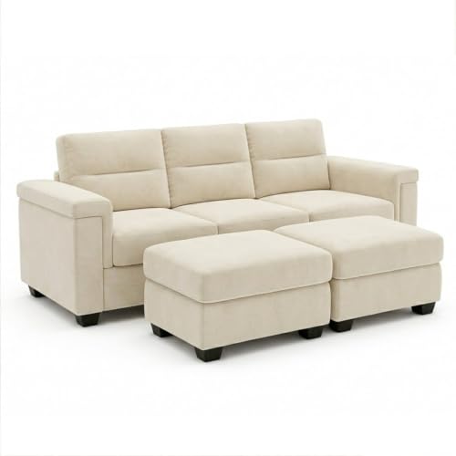 Image of FURNY Parker 3 Seater Sofa Set with 2 Ottomans | Premium Suede Velvet Fabric Finish | Durable Comfort Sofa for Modern Living Room & Office Spaces