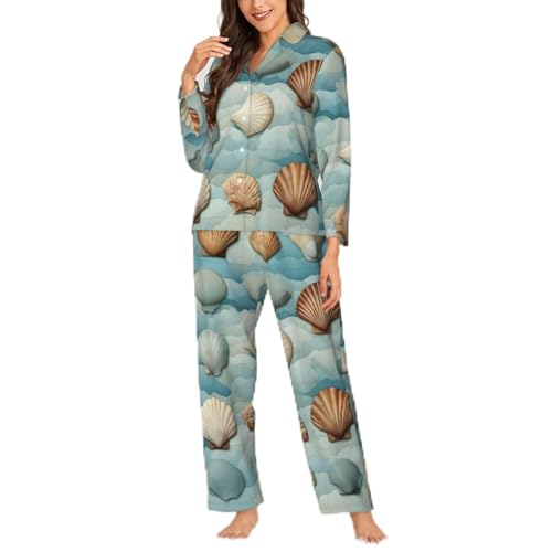 Pyjama chemise boutonnée Sea Shell ensemble de nuit 2 pièces noir pour femme taille M