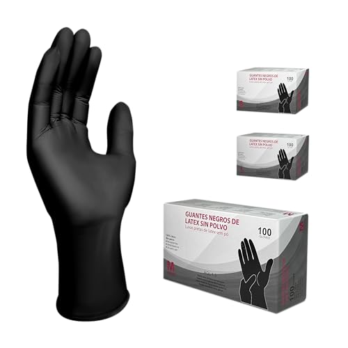 MUNTRADE Guantes Desechables de Látex - 100 unidades/caja, Sin Polvo, Guantes Látex (Negro, M)