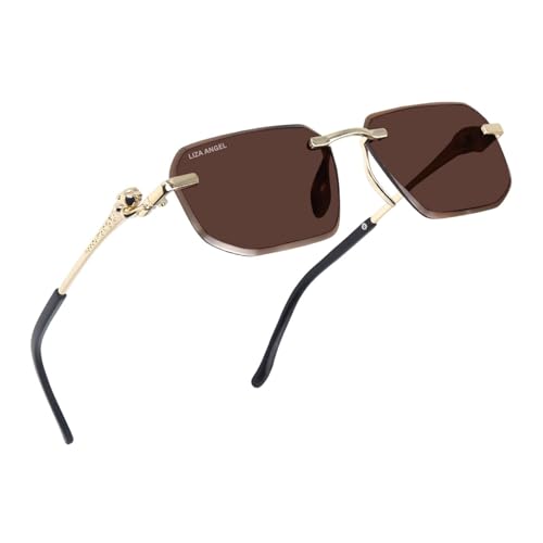 Image of Rectangle Sunglasses for Men /Women Small Rimless Square Shade Eyewear Gold Brown