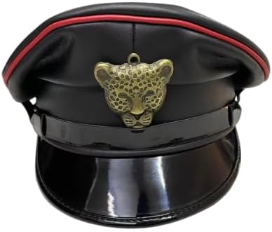 Leather Military Style Cap with Metal Leopard Badge, Black with Red Trim