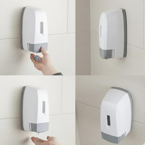Image of Anti-Theft Wall Mount Soap Dispenser 500 ml with Adhesive Hook | Lockable Manual Liquid Soap Dispenser | ABS Plastic Bathroom & Commercial Use No Drill, Easy Installation (White & Grey)