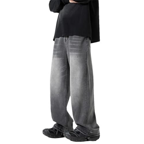 Men Washed Jeans Street Trousers Solid Color Wide Leg Pant Button Streetwear Denim Pants