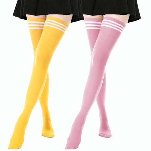 Image of AQOKKA Extra Long Thigh High Socks for Women Striped Over Knee Thigh Socks Long Boot Thigh High Stockings Leg Warmers