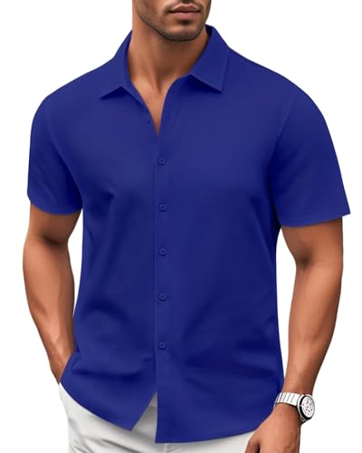 Mens Casual Button Down Shirts Short Sleeve Business Solid Summer Dress Shirt（Medium Thickness）