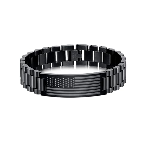 P.BLAKE American Flag Watch Band Link Bracelet for Men, Stainless Steel Engraved Valentines Graduation Independence Easter Jewelry Gifts for Man Dad Boys Son Husband Boyfriend Him Pulseras Para Hombres