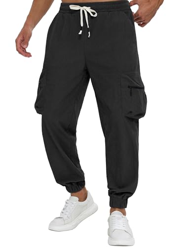 APTRO Mens Corduroy Pants Cargo Casual Trousers Baggy Tapered Elastic Waist Joggers with Drawstring and Zipper Pockets DXR01 Black M
