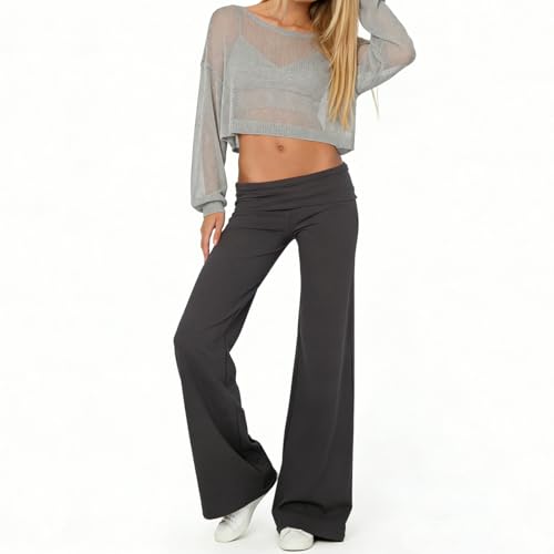 Image of Lounge Yoga Pants for Women Fold Over Low Waist Wide Leg Bell Bottoms | Y2K Foldover Pants, Flare Leggings, Low Rise Yoga Sweatpants
