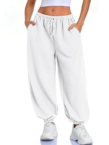 Womens Balloon Pants Baggy Sweatpants Lantern Trousers Wide Leg Elastic Waist Workout Joggers Cotton Lounge Pants White
