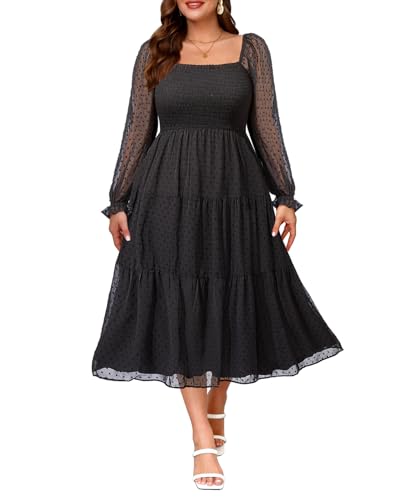 Women's Plus Size Long Sleeve Dress Wedding Guest Square Neck Summer Midi Swiss Dot Flowy Smocked Dress