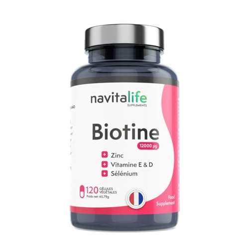 Biotine Cheveux 12.000 mcg | Favorise la Croissance et Renforce vos Cheveux, Améliore les Ongles et la Qualité de la Peau | Avec Sélénium, Zinc, Vitamines E et D | Cure de 4 Mois – 120 Capsules