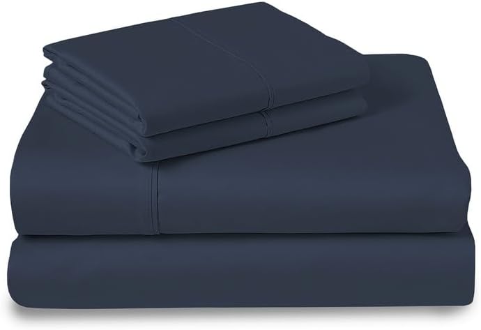 Pizuna Pure 100% Cotton Sheets Queen Size, Luxurious 400 Thread Count Long Staple Cotton Sateen Sheets Queen with 15inch Deep Pocket (Combed Dark Blue Cotton Sheets Queen)