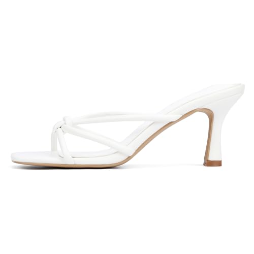 Image of Goderci Kitten Strappy Heels for Women Knotted Square Open Toe Slip On Mule Heels Mid Heeled Sandals