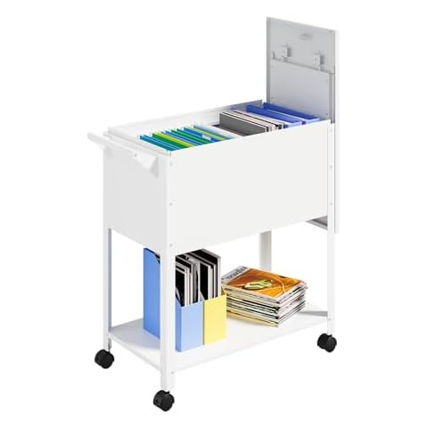 Mobile File Cart with Lock, Rolling File Cabinet Hanging Letter/Legal File Folders with Lockable Sliding Cover, White File Organizer on Wheels Cover