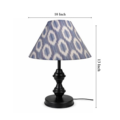 Image of tu casa Modern Table Lamp with Crimson Floral Satin Shade | Metal Iron Base Decorative lamp for Living Room| Designer Table Lamp for Gifting (Indigo ikkat Glow)