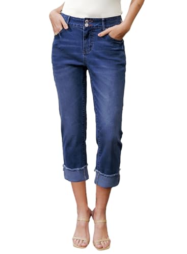 Sidefeel Women's Capri Jeans High Waisted Stretchy Roll-up Skinny Cuffed Cropped Zimbaplatinum Summer Capri Pants4