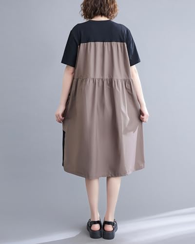 ellazhu Women's Short Sleeves Color Block Patchwork Casual T-Shirt Dress Whith Pockets GA2732 A4