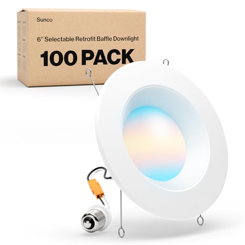 Sunco 100 Pack LED Recessed Lighting 6 Inch, Retrofit Can Lights, 965LM, 13W (100W Equivalent), Selectable CCT 2700K/3000K/3500K/4000K/5000K, Dimmable, Baffle Trim, Damp Rated UL