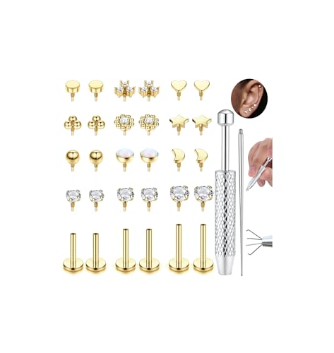 16G 18G Flat Back Stud Earrings for Women - Hypoallergenic Surgical Steel Internal Thread Stud Piercing Jewelry for Tragus Helix Cartilage Conch Nose Gold Silver Lip Labret Medusa Piercing