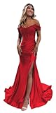 TIRAS Off Shoulder Red Lace Appliques Mermaid Prom Dresses for Women 2024 Long Satin Formal Evening Gown with Slit 00