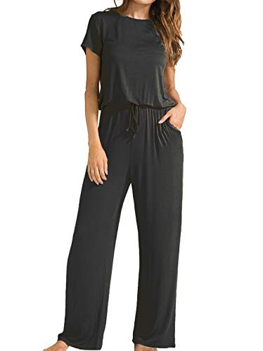 Artfish Women Casual Loose Wide Legs Jumpsuit with Pockets (Black, L)